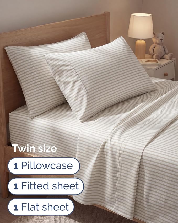 Twin 4 Piece Sheet Set - Comfy Breathable & Cooling - Soft Hotel Luxury Bedding Set with 8-16 Inch Deep Pockets - 1 Flat & 1 Fitted Sheet & 2 Pillowcases - Wrinkle Free & Easy Care - Beige Stripes 2