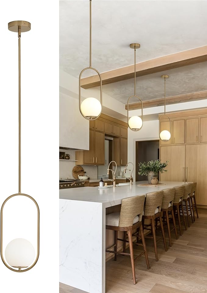 Yunnix Pendant Lights Kitchen Island, Pendant Light Fixtures, Modern Champagne Bronze Globe Glass Pendant Lighting, Mid Century Chandelier One Light for Bathroom Bedroom Dining Room