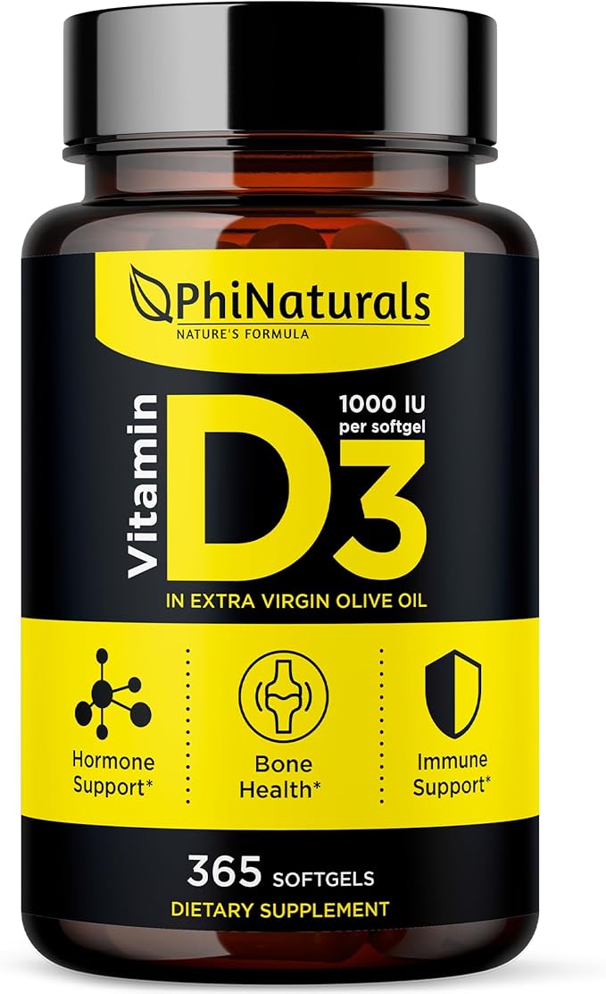 PhiNaturals ビタミンD3 1000IU ソフトジェルサプリメント オリーブオイルベース 365ジェルカプセル 1年分 VIT D、ビタミンD3 1000IU