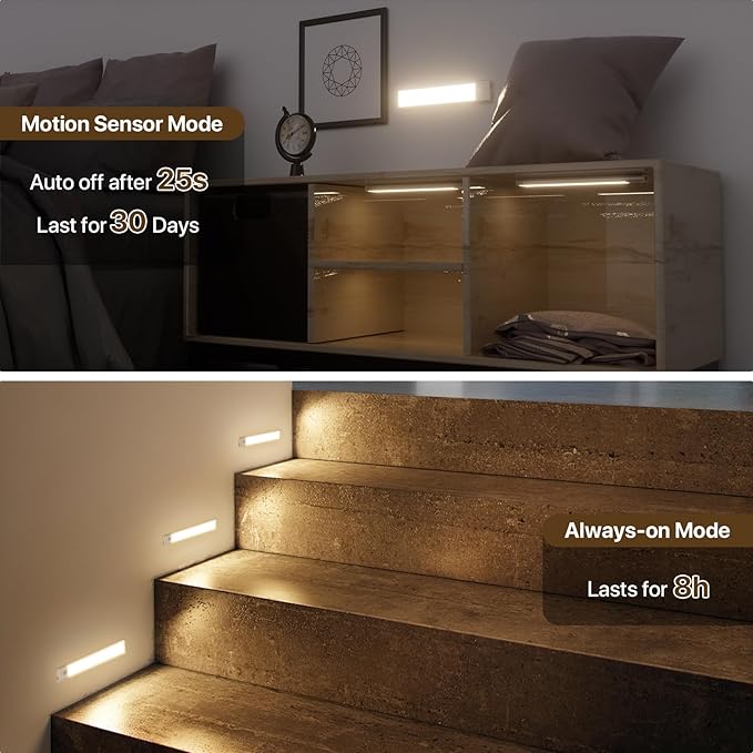 ORALUCE Under Cabinet Lighting Rechargeable Magnetic, 8inch LED Motion Sensor Light Indoor Battery Operated 3 Color Dimmable, Wireless Closet Lights for Kitchen Counter Stairs, 2 Pack