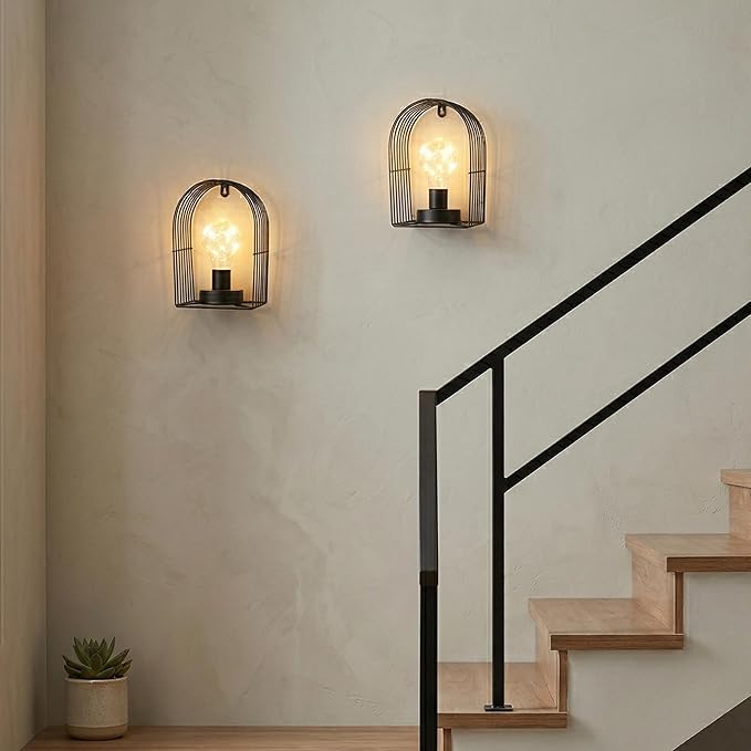 JHY DESIGN Set of 2 Battery Operated Wall Sconce 7''H Metal Wall Mount Lamp with 6-Hour Timer and Fairy Lights Bulb Table Lamp Wall Decor for Bedroom Living Room Hallway Stairway(Arch Shape)