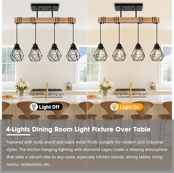 4-Lights Farmhouse Wood Kitchen Island Lighting, 23.6'' Dining Room Light Fixtures Chandelier Over Table, Rustic Black Cage Pendant Lights Ceiling Hanging for Pool Table, Living Room, Hallway