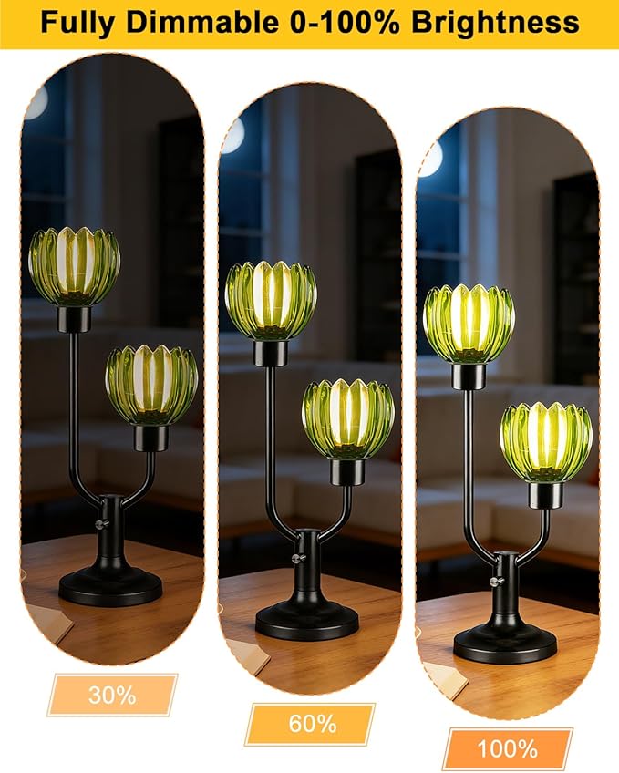 Lightdot Green Glass Flower Table Lamp for Living Room Dimmable Nightstand Lamp Mid Century Modern Vintage Black Desk Lamp 2 Bulbs Included Warmwhite Ambient Bedside Lamp for Bedroom Home Office Decor