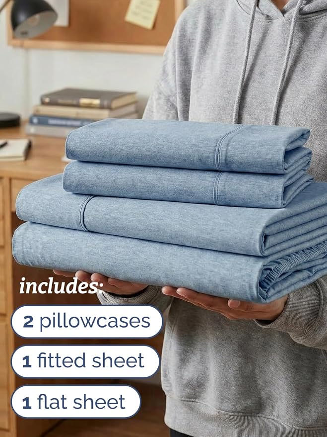 Twin XL 4 Piece Sheet Set - Comfy Breathable & Cooling - Soft Hotel Luxury Bedding Set with 8-16 Inch Deep Pockets - 1 Flat & 1 Fitted Sheet & 2 Pillowcases - Wrinkle Free & Easy Care - Heathered Blue