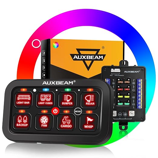 Auxbeam Switch Panel RB80 RGB 8 Gang Switch Panel Auto-Dimmable Multifunction Switch Panel w/Momentary Toggle Pulsed Memory, Aluminum Switch Panel for Truck Boat Car RV Waterproof, 3-Year Warranty