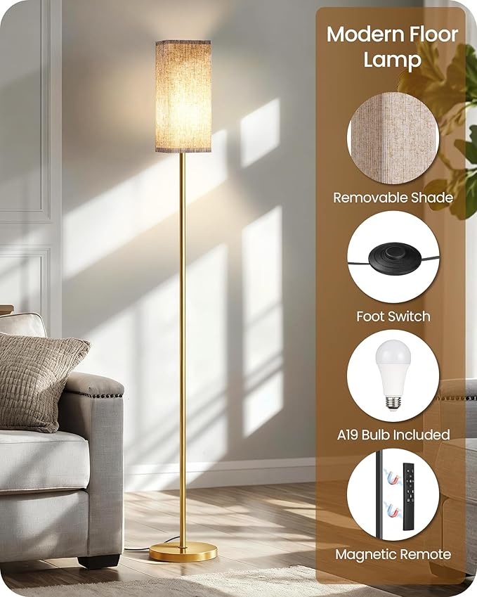 64.2” Dimmable Floor Lamp for Living Room with Remote and Foot Switch, Corner Floor Lamp for Bedroom, Includes 10W A19 Bulb, Modern Standing Tall Lamp, ETL Listed, Beige and Gold DE17LD05