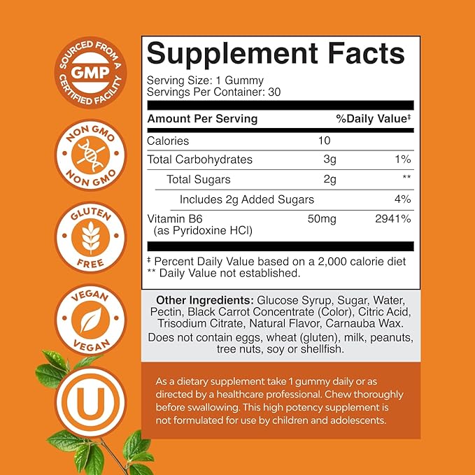 Potent Vitamin B6 Gummies for Adults - Potent Vitamin B Complex Supplements for Men & Women for Nervous System Support Mood & Immune System - Vegan Pyridoxine Chews for Energy & Metabolism - 30 Count
