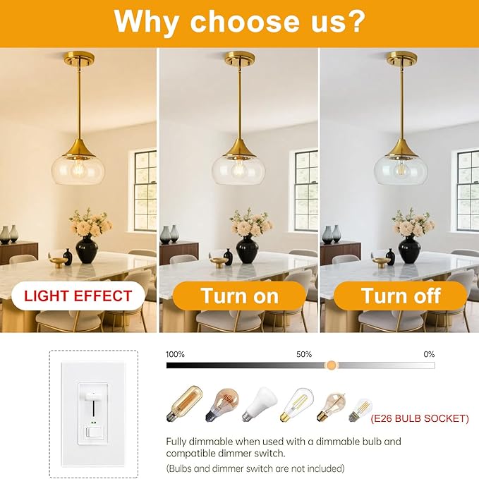 Modern Pendant Lights for Kitchen Island, Gold Pendant Light Fixtures with 8.5" Clear Glass Shade, Industrial Hanging Pendant Lights Fixture for Kitchen Island Dining Room Bedroom Entryway 1 Pack