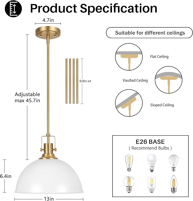 LamQee 13 Inch White and Gold Metal Pendant Light Kitchen Island, Farmhouse Modern Dome Pendant Light Fixtures Ceiling Hanging Lighting Chandelier for Dining Room Over Table, Bar, Hallway, Entryway