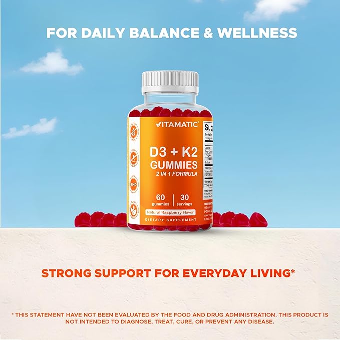 Vitamatic Bonbons Gommes Vitamine D3 et K2 (Lot de 2, 60 unités) Soutient la santé des os, la santé cardiaque, l'absorption du calcium et la fonction immunitaire À base de plantes, Sans OGM, Sans gluten