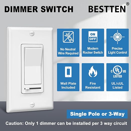 BESTTEN 6 Pack Dimmer Light Switch, Single-Pole or 3-Way Slide, Compatible with 150W Dimmable LED/CFL & 600W Incandescent Bulbs, Wall Plate Included, UL Listed, White