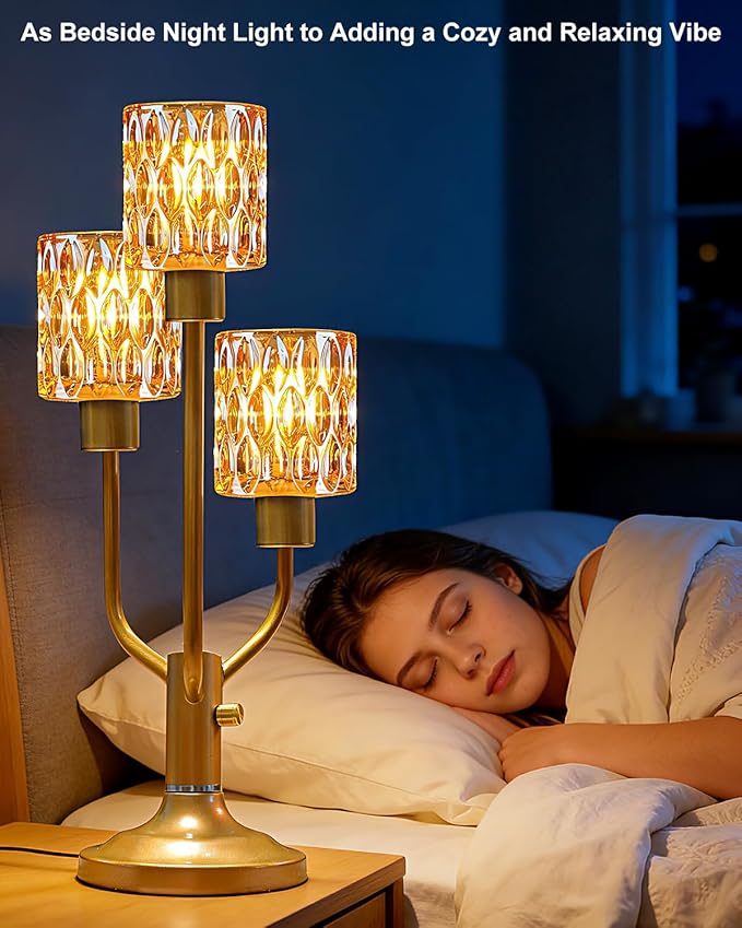 Mid Century Modern Vintage Table Lamp Dimmable Nightstand Lamp Gold Desk Lamp with Brown Glass 3 Bulbs Included Warmwhite Ambient Bedside Lamps for Bedroom Living Room Office Home Decor
