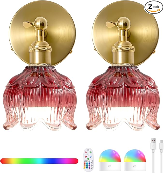 Vintage Battery Operated Wall Sconce - Set of 2 Rose Red Flower Glass Cordless Mounted Lighting - 5000mAh Rechargeable Dimmable Wireless Powered Light Sconces with Remote Control for Bedroom Bedside