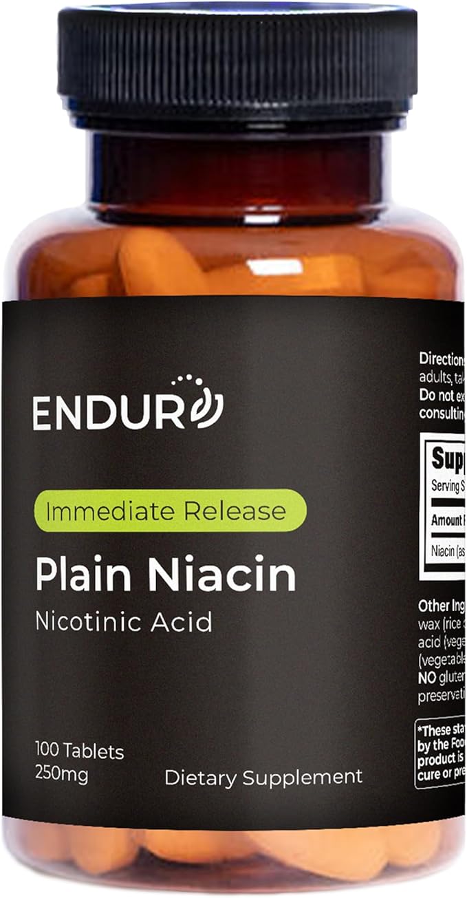 Endur Niacine (Acide nicotinique) Naturelle, Complément pour la santé cardiaque et l'équilibre du cholestérol, Formule à libération immédiate, Sans gluten, 250 mg (100 comprimés)