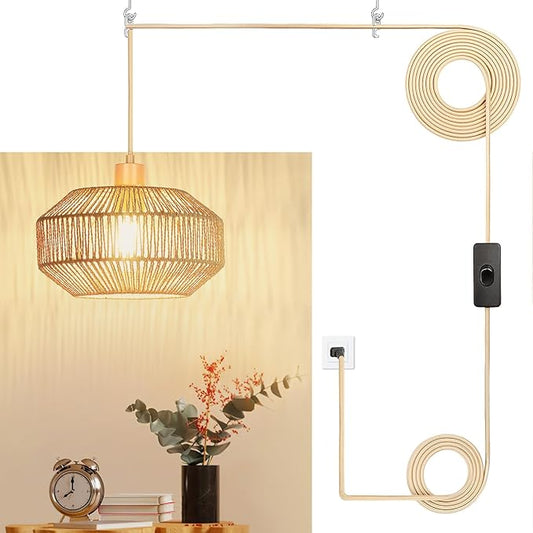 Qingmiao Boho Plug in Pendant Light, Rattan Hanging Lamp Plug in with Woven Shade, 3-Way Dimmable Hanging Light Fixture for Living Room Bedroom Kitchen Ceiling Farmhouse Home Decor