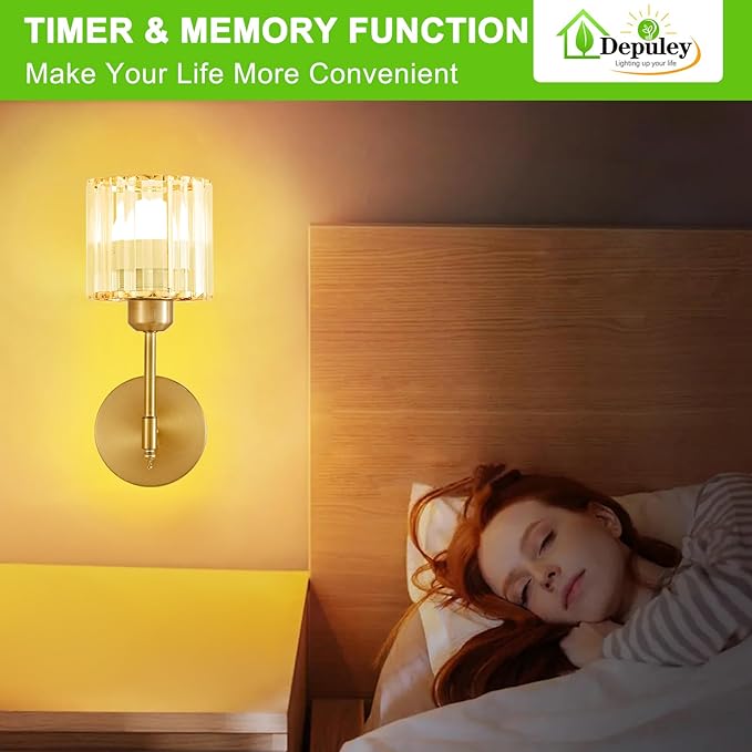 Depuley Battery Operated Wall Sconce: Set of 2 Wireless Crystal Wall Lights with Remote for Bedroom - Rechargeable 15 Colors Gold Wall Lamp for Living Room Hallway Home Decor