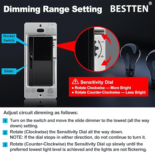BESTTEN 3 Pack Slide Dimmer Light Switch, Quiet Rocker, Super Slim Single Pole or 3 Way Dimmable Switch, Max 300W LED, CFL, 600W Incandescent, ETL Listed, Black
