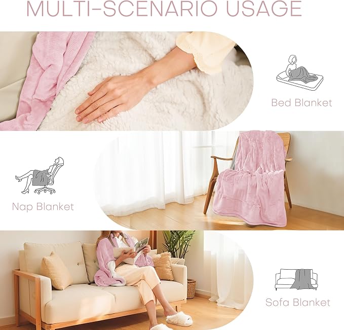 Electric Heated Blanket Throw Size 50"x60" - Flannel & Sherpa Fabric Dual-Sided, 6 Heat Settings & 3 Hours Auto Off, Soft & Cozy Warming Throw for Home, Office, or Bed, Machine Washable, Light Pink
