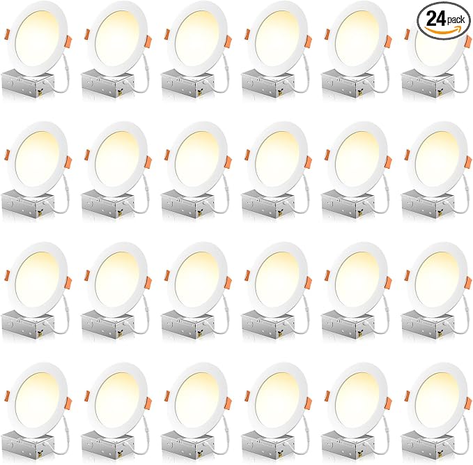 FREELICHT 24 Pack 6 Inch 5CCT Ultra-Thin LED Recessed Ceiling Light with Junction Box, 2700K/3000K/3500K/4000K/5000K Selectable, 1050LM Brightness, Dimmable Canless Wafer Downlight, 12WEqv110W-ETL&FCC