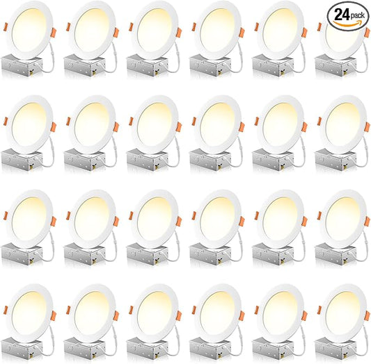 FREELICHT 24 Pack 6 Inch 5CCT Ultra-Thin LED Recessed Ceiling Light with Junction Box, 2700K/3000K/3500K/4000K/5000K Selectable, 1050LM Brightness, Dimmable Canless Wafer Downlight, 12WEqv110W-ETL&FCC