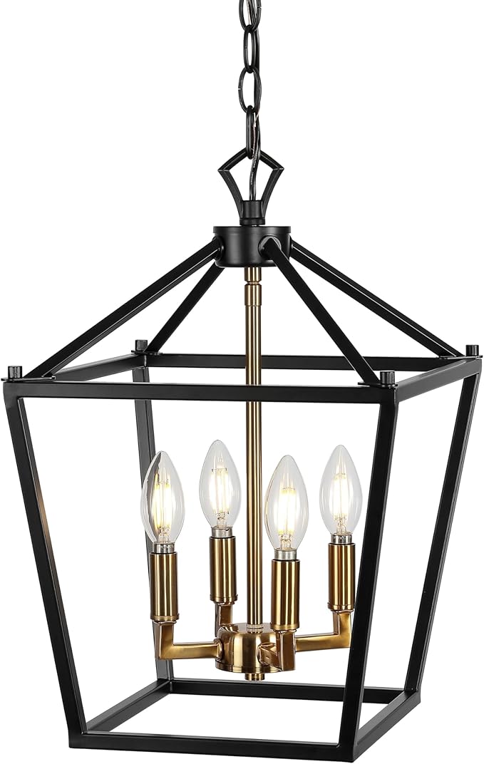 JONATHAN Y 12" Oil Rubbed Bronze/Brass Gold Lantern Pendant Light, 1-Light Pagoda Style Metal Cage Farmhouse Hanging Ceiling Fixture for Kitchen Island, LED Bulb Included (JYL7436D)