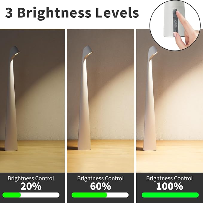 HAPYGI Portable Cordless LED Desk Lamp, Rechargeable Wireless Table Lamp, 3-Level Brightness, Patio & Bedside Night Light, Dining Room Ambient Reading Light (White)
