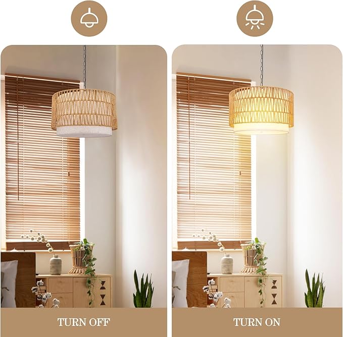 Rattan Drum Chandeliers for Dining Room, 19.7" 5-Lights(Bulbs Included) Boho Chandelier Light Fixture, Farmhouse Dining Room Light Fixtures Over Table, Hanging Light for Kitchen, Living Room, Bedroom