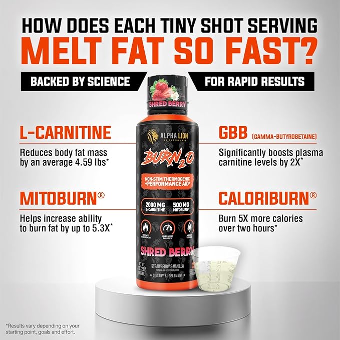 ALPHA LION Burn2O L-Carnitine Liquid 2000mg, Premium Liquid Fat Burner & Pre-Workout Supplement for Men & Women - Natural Energy & Metabolism Booster for Weight Loss - ShredBerry