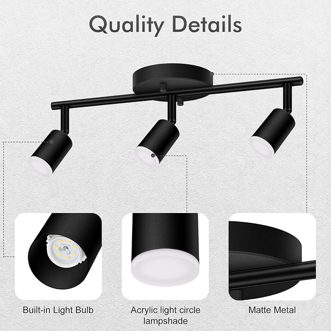 AUQUEE 3 Light Track Lighting Fixtures Ceiling, 12W/2700K Black Track Lighting with Acrylic Lampshade & Rotatable Light Heads, 20000hrs Lifespan, Modern LED Track Lights Ceiling for Kitchen/Hallyway