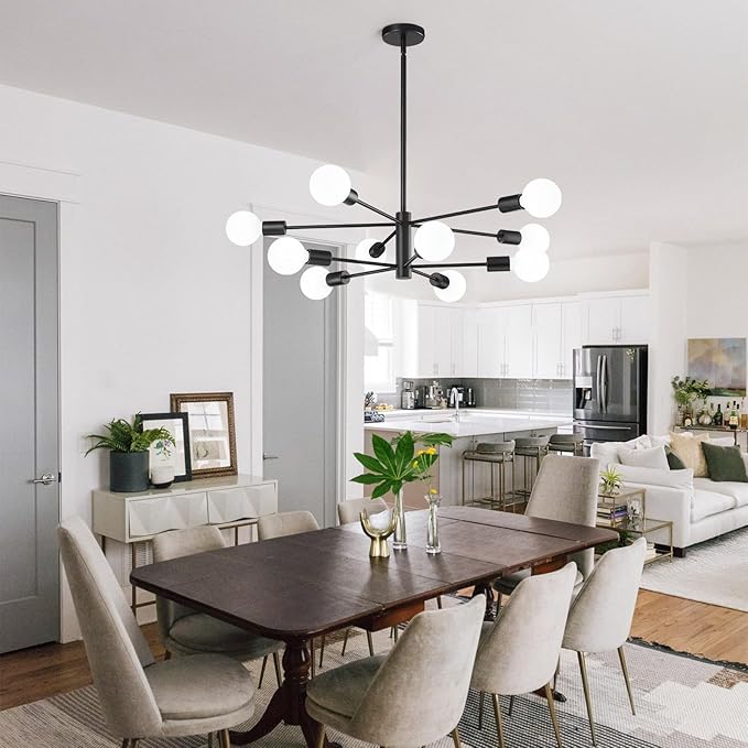 KAISITE Modern Chandelier Ceiling Light Fixture Sputnik Chandelier 10-Light Black Chandelier for Dining Room Over Table Height Adjustable Lighting Fixture Ceiling Hanging for Farmhouse Kitchen