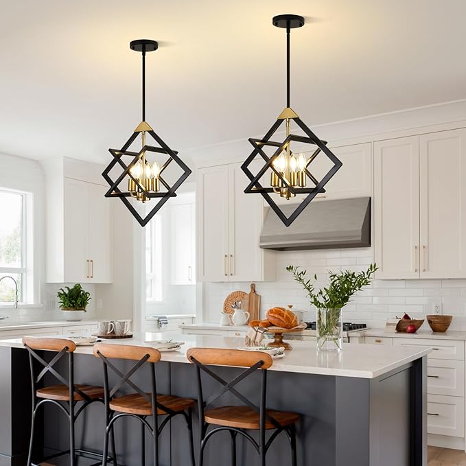 18" Modern Black and Gold Chandelier, No Assembly Required 4-Light Dining Room Light Fixture Over Table, Industrial Metal Hanging Pendant Lights Fixture for Kitchen Island, Entryway, Foyer