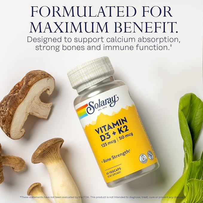 SOLARAY Vitamine D3 K2 et Glycinate de Magnésium - Ensemble pour la Santé Osseuse - Absorption du Calcium, Soutien Nerveux, Cardiaque et Immunitaire avec 5000 UI de Vitamine D, 350mg de Magnésium Chélaté, Garantie de 60 Jours, 60 gélules/120 gélules