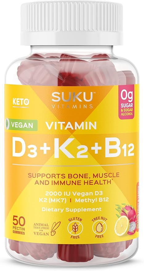 SUKU Vitamins ビーガンD3 + K2 + B12 シュガーフリー＆シュガーアルコールフリー ケト 2000IU ビタミンD グミサプリメント 丈夫な骨、免疫機能、健康な代謝をサポート レモンドラゴンフルーツ風味 (グミ50粒)
