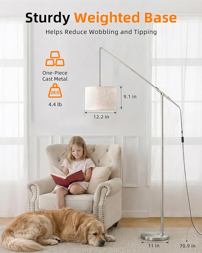 Arc Floor Lamp for Living Room, Dimmable Standing Lamp with Remote, Brightness & Color Temp Adjustable, Height Adjustable Arched Reading Light with LED Bulb, Black Tall Pole Lamp for Bedroom, Office