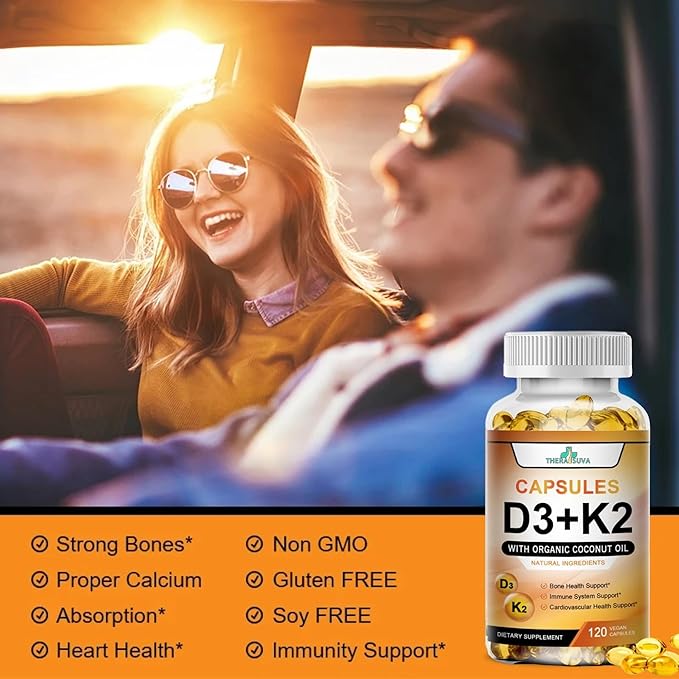 Vitamine D3 5 000 UI + K2 Haute Puissance – Végétalienne, sans OGM, avec Huile de Coco Biologique pour une Meilleure Absorption – Soutien Osseux & Cardiaque, Approvisionnement de 2 Mois, 120 Gélules Molles