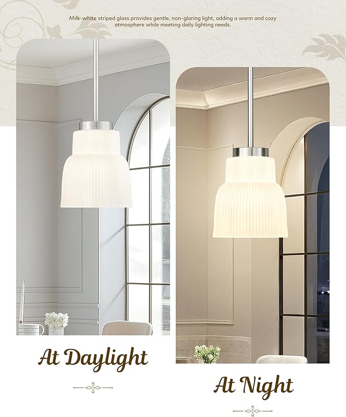 FEMILA 3 Pack 6.7" Vintage Light Fixtures, Milk Glass Kitchen Island Lighting, Brushed Nickel Antique Chandelier, Hanging Light Fixture for Bedroom Hotel Living Room, 4FYD87MIL-3PK BN