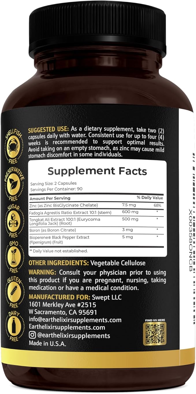 Earth Elixir Fadogia Agrestis & Tongkat Ali for Men & Woman – Natural Testosterone Supplement for Men - Made in USA & 3rd Party Tested – Strength, Energy & Vitality - Longjack – 3 Month Supply