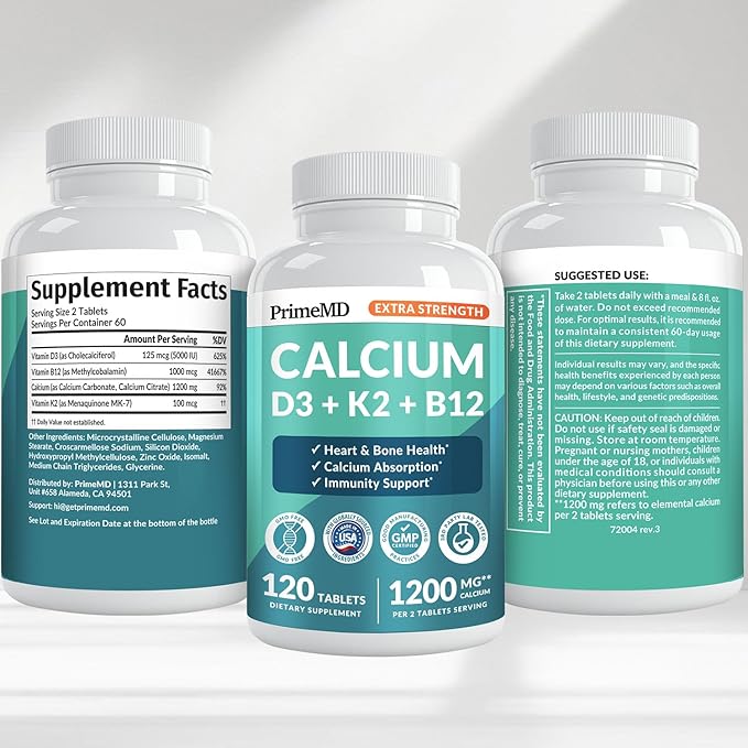 4-in-1 Calcium 1200 mg with Vitamin D3 K2 - Extra Strength Calcium Supplements for Women & Men with D3 K2 Vitamin 5000 IU - Everyday Vitality Supplement - Vegan-Friendly, Gluten-Free, Non-GMO (120ct)