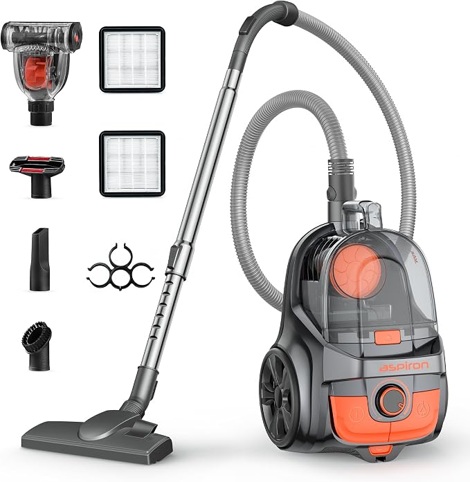 Aspiron Canister Vacuum, Upgraded 1600W Bagless Canister Vacuum Cleaner, Auto Cord Rewind, H13 HEPA Filter, 4Qt Large Capacity, 5 Tools for Hard Floors, Carpet, Pet, Upholstery, Tiles, Persimmon
