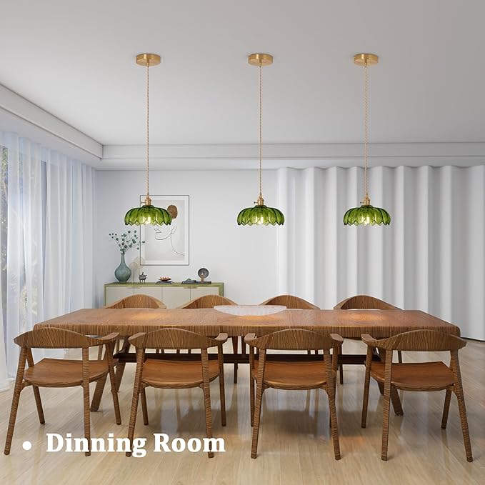 Shenmoyl Pendant Light with Green Scindapsus Glass Lmapshade, Brass Vintage Pendant Light Adjustable Hanging Light for Kitchen Island Dining Room Hallway