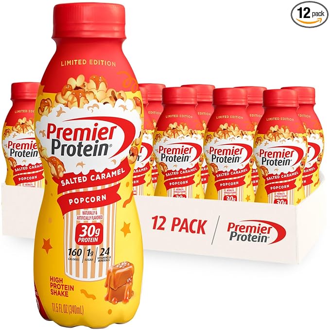 Premier Protein Shake, LIMITED EDITION Salted Caramel Popcorn, 30g Protein, 1g Sugar, 24 Vitamins & Minerals to Support Immune Health, 11.5 fl oz, 12 Pack