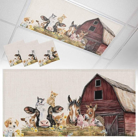 3 Pack Magnetic Fluorescent Light Covers, Farm Barn Horse Sheep Cat Animal Country Retro Linen Background Magnetic Light Covers for Ceiling Lights Classroom Office Home Decor