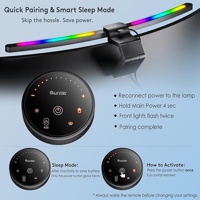 Quntis Curved Monitor Light Bar 15 RGB Backlight for 34"+ Screens, Computer Bar Lights Foldable Dual Light with Color Temperature Brightness Stepless Dimming, No Glare Desk Lamp for Home Office Gaming