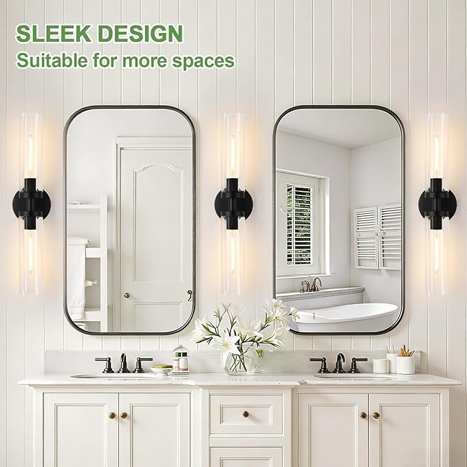 Indoi Matte Black Wall Sconces, Hardwired Bathroom Sconces Wall Lighting with Clear Glass, Modern Sconces Wall Light fixtures for Bathroom Mirror Living Room Hallway Bedroom
