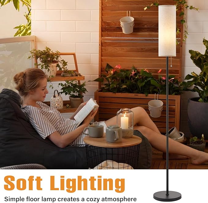 Ambimall 64'' Floor Lamp for Living Room with Bulb, 3 Color Temperature, Tall Lamps with Beige Lampshade & Pull Chain Switch, Pole Lamps Suitable for Bedrooms Study, Minimalist Floor Lamp