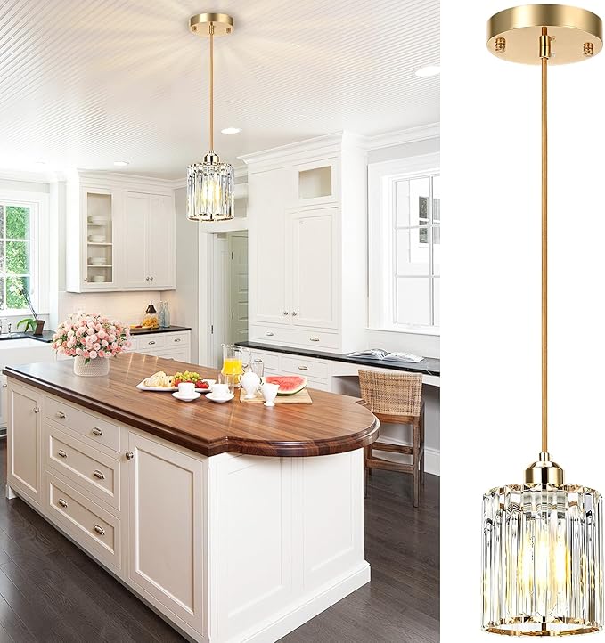 1 Pack Pendant Lights Kitchen Island, Elegant Modern Island Lights for Kitchen with Crystal Glass – Luxury Kitchen Hanging Light for Kitchen Island, Dining Table, Entryway, Restaurant