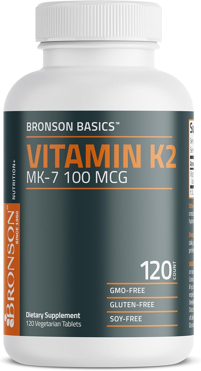 Bronson ビタミンK2 MK-7 100mcg、K2 MK7メナキノン、骨の健康サポート、非遺伝子組み換え、120錠