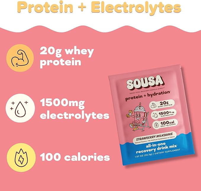 Sousa Protein + Hydration Total Recovery Formula, 20g Protein, 1500mg Electrolytes, Vitamins C, B3, B6, B12, 14 Servings (Strawberry Milkshake)