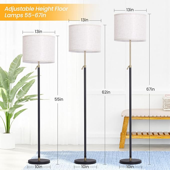 Remote Floor Lamp for Living Room and Bedroom - Modern RGB Standing Lamps Tall with Led Blub and Dimmable Light - 55"-67" Height Adjustable Standing Lamps with Shade for Corner Lighting（Black & Gold）