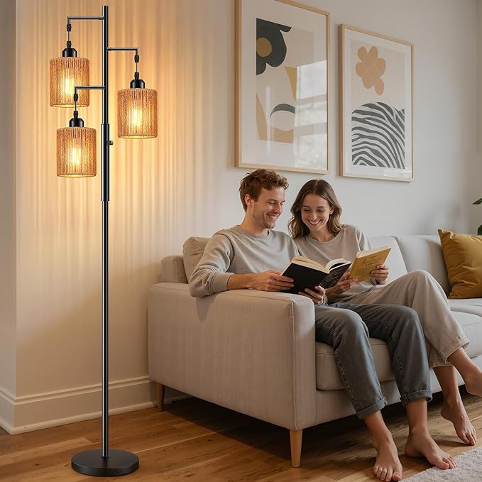 Hotsonic 72" Tall Boho Rattan Style Floor Lamp with Hand-Woven Paper Cord Shade, Dimmable Industrial Tree Standing Lamp for Living Room, Bedroom, Study Room, Office (3 x 800LM Bulbs Included) - Black